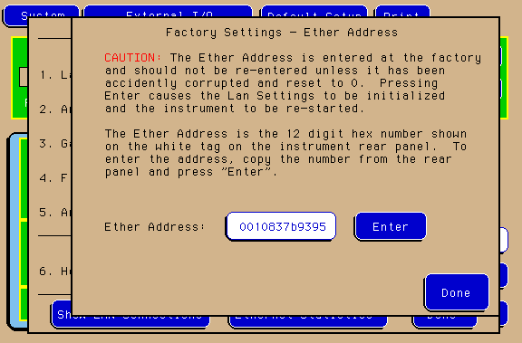 Factory Settings - Ether Address screen