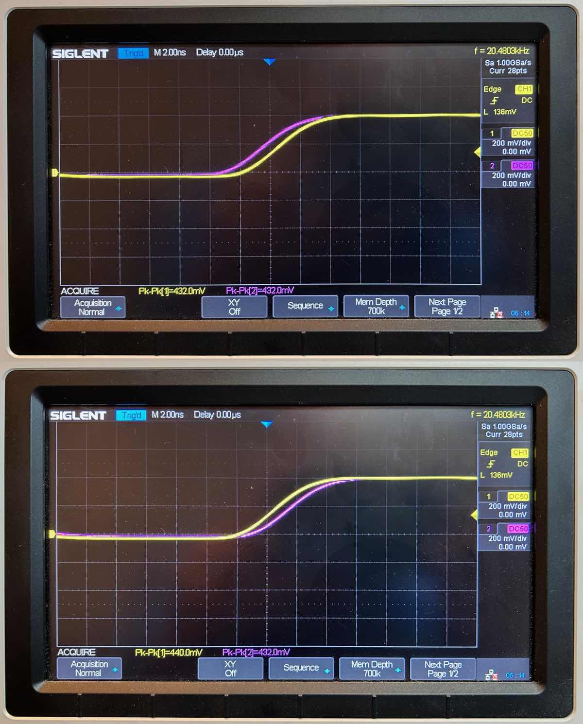 Oscilloscope pictures of skewed purple and yellow signals