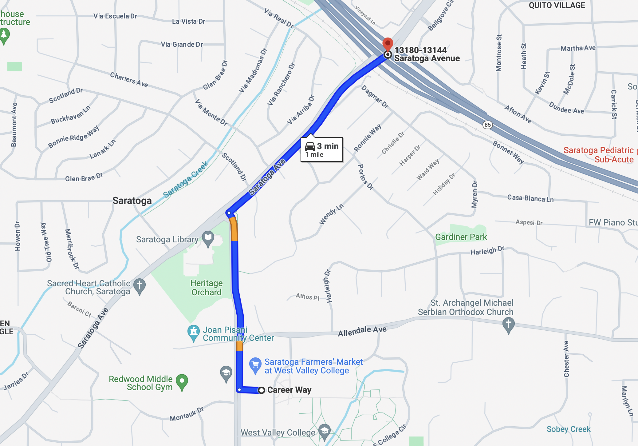 Map from West Valley College to Route 85 Canyon