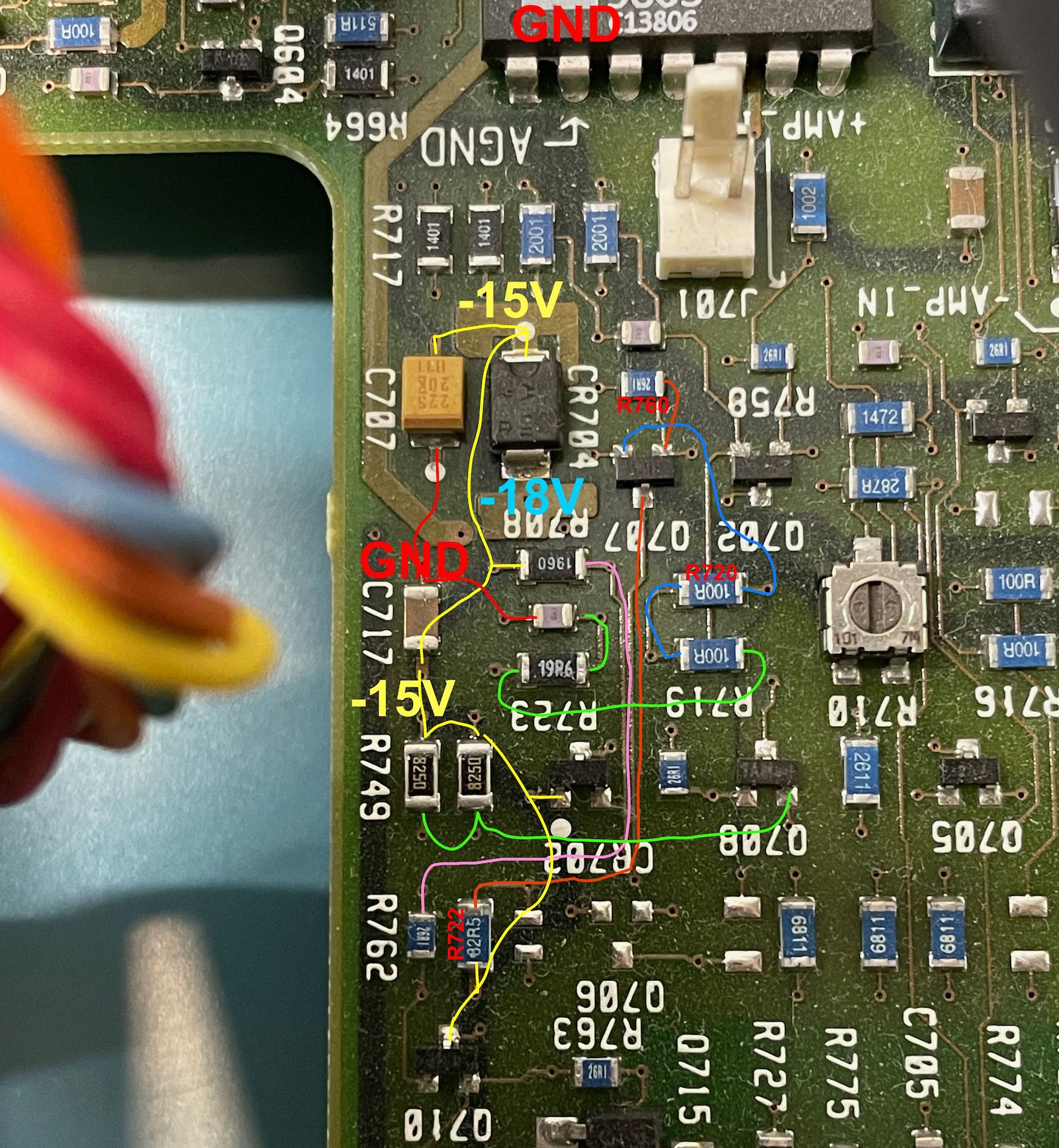 PCB annotated with component interconnections