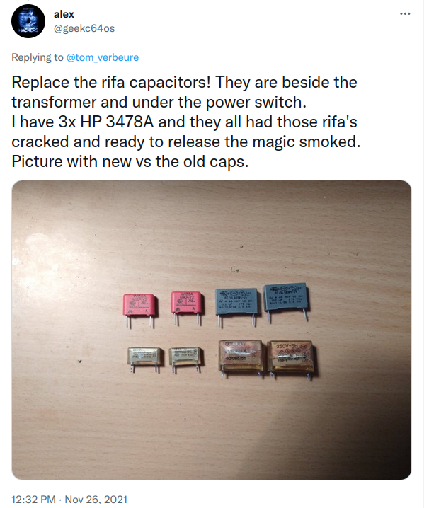 Tweet about replacing RIFA capacitors
