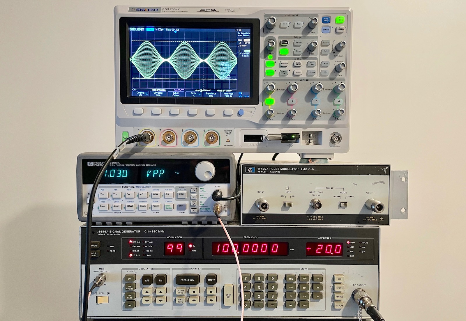 Measurement setup with RF and LF signal generator and oscilloscope