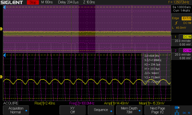 -10dBm AM with load resistor triangle waveform and detector output on scope - small timebase