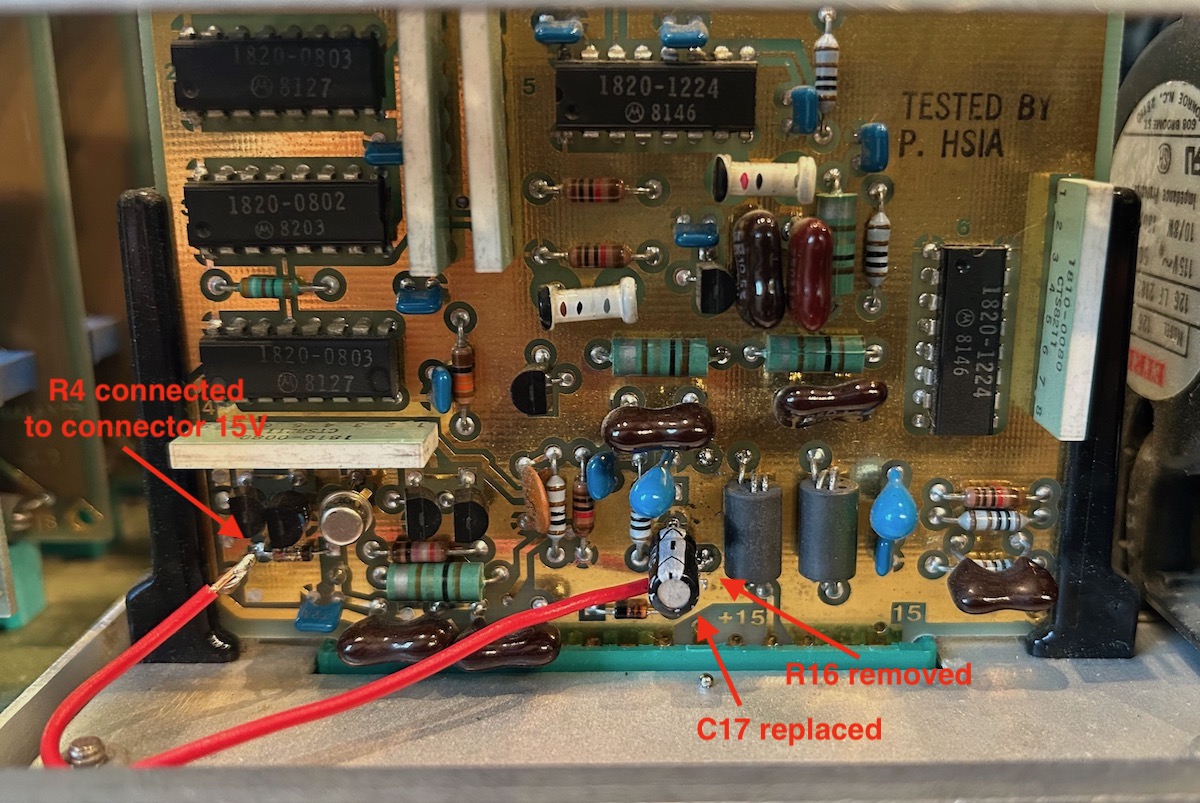 PCB with bodge wire, annotated with 3 fixes