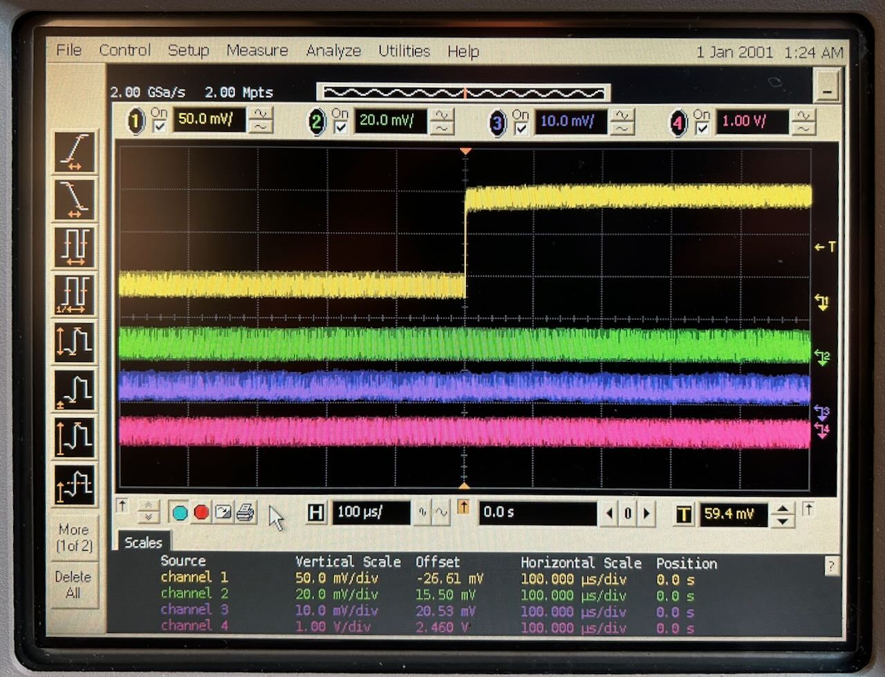 Scope showing 4 waveforms with lots of noise