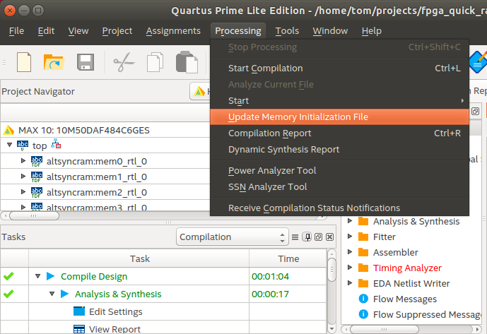 Quartus GUI - Update Memory Initialization File