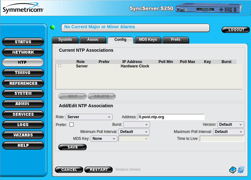 NTP server configuration panel