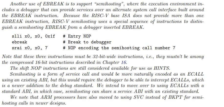 RISC-V specification section about semihosting