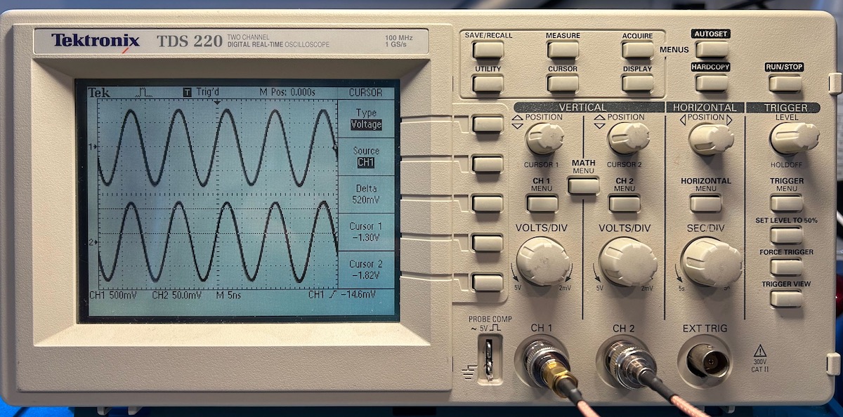TDS220 showing 2 sine waves